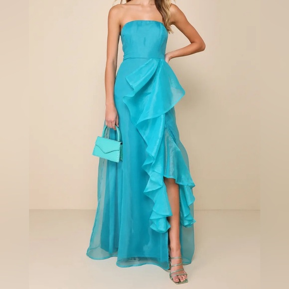 Lulus Exquisite Ease Teal Green Organza Strapless Ruffled Maxi Dress - Picture 1 of 5